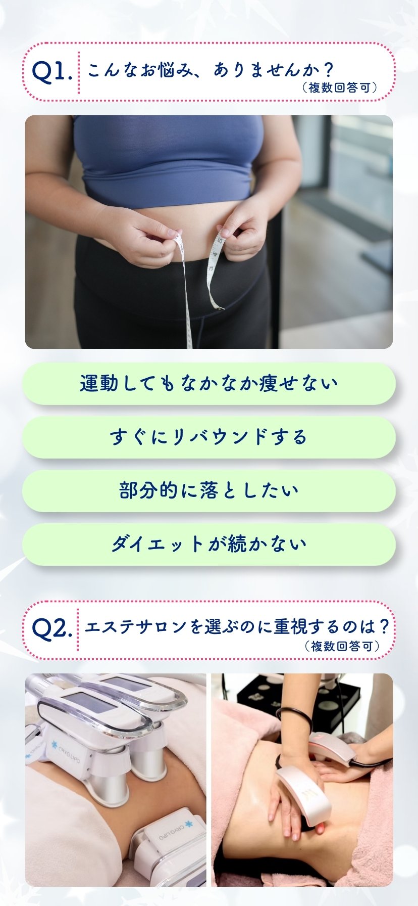 Q1.こんなお悩み、ありませんか？ Q2.エステサロンを選ぶのに重視するのは？